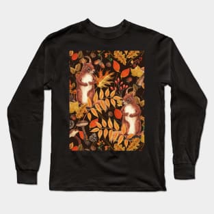 Autumn squirrels and autumnal flora on dark brown Long Sleeve T-Shirt